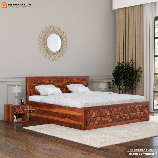 Trihex Bed with Drawer Storage (King Size, Honey Finish)