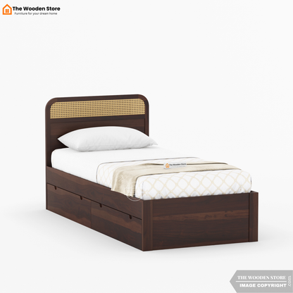 Heritage Single Bed with Drawer Storage and Cane Detailing (Walnut Finish)