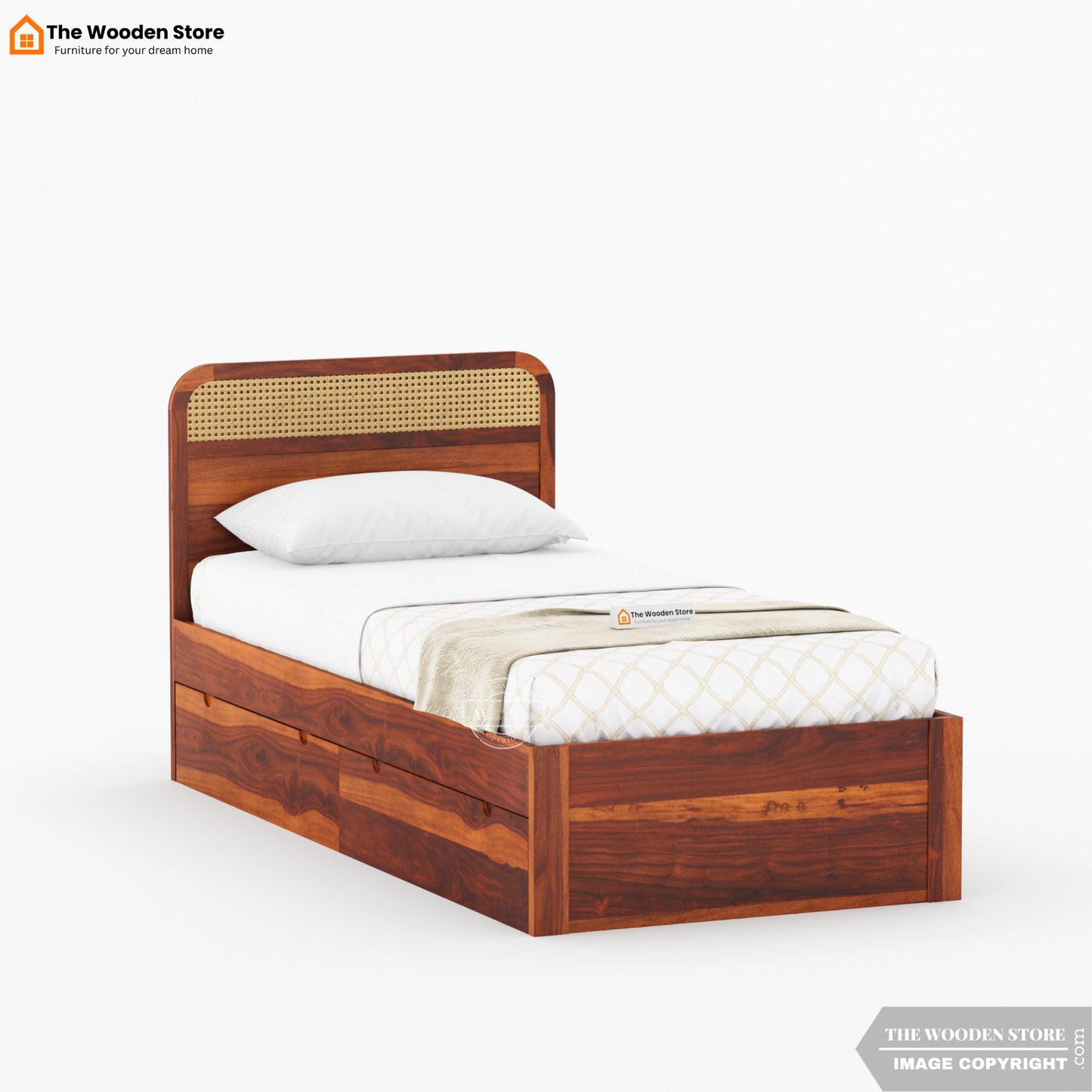 Heritage Single Bed with Drawer Storage and Cane Detailing (Honey Finish)