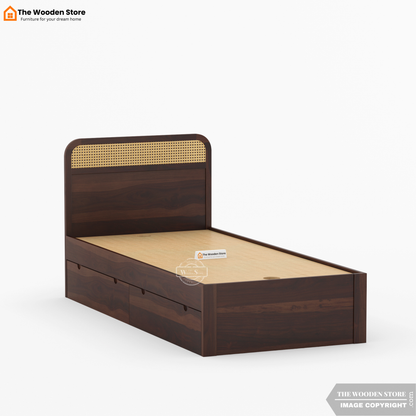 Heritage Single Bed with Drawer Storage and Cane Detailing (Walnut Finish)