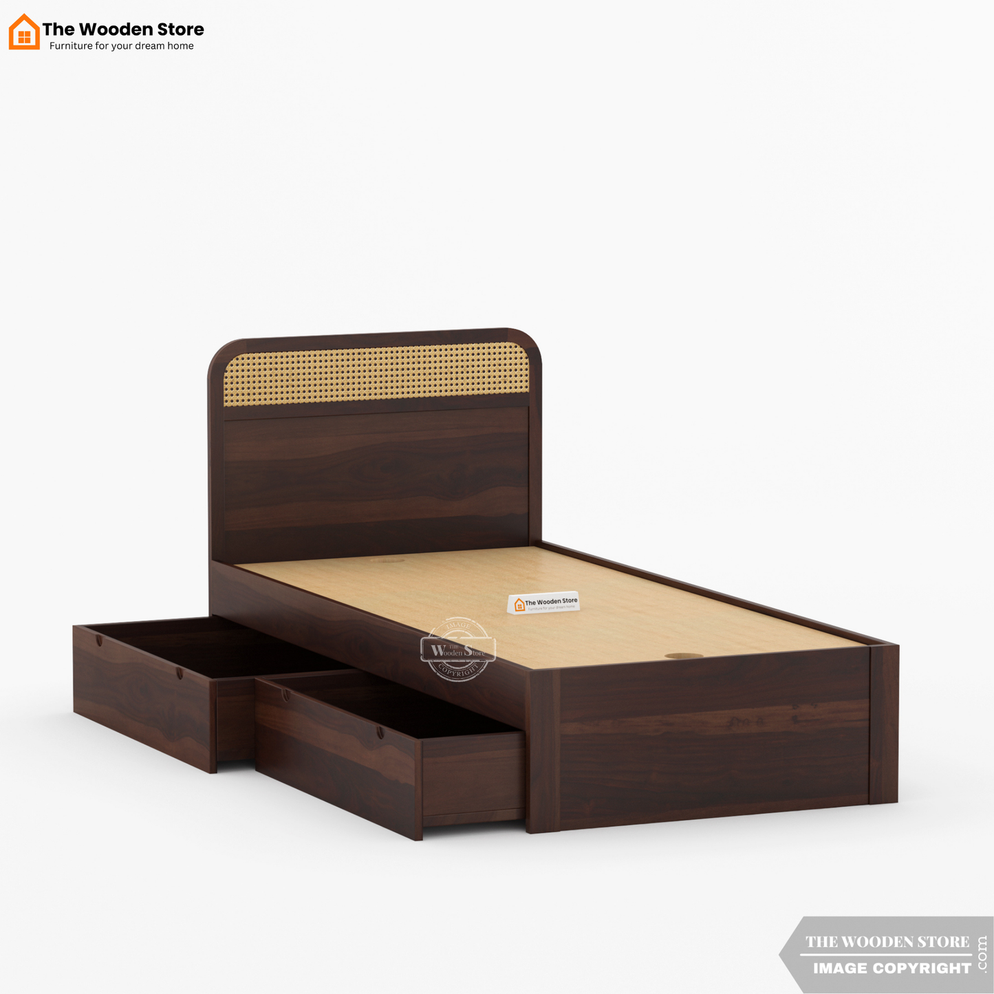Heritage Single Bed with Drawer Storage and Cane Detailing (Walnut Finish)
