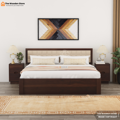 Halis Upholstered Bed with Drawer Storage (Queen Size, Walnut Finish)