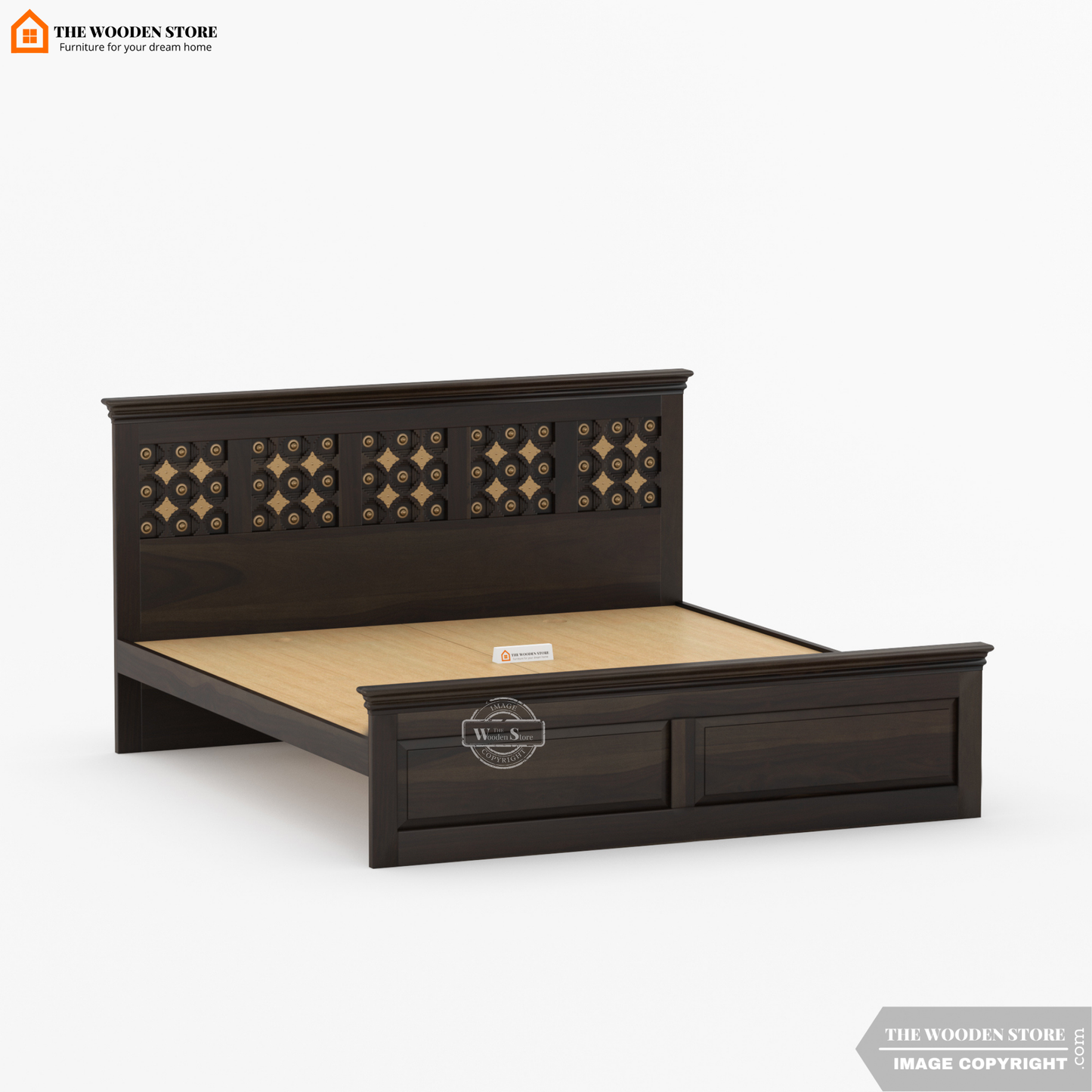 Indi Brass Bed without Storage (Queen Size, Walnut Finish)