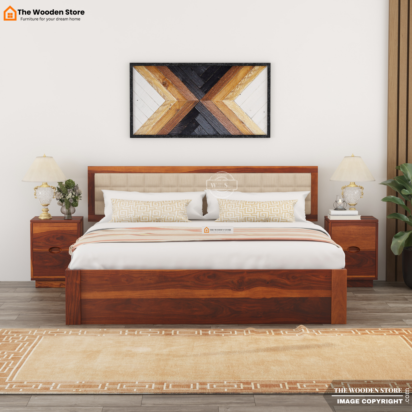 Halis Upholstered Bed with Drawer Storage (King Size, Honey Finish)