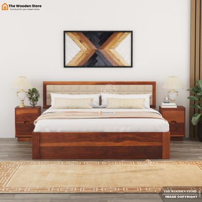Halis Upholstered Bed with Drawer Storage (King Size, Honey Finish)