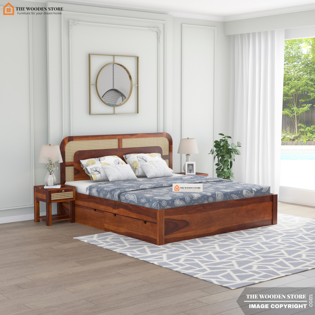 Emma Bed with Drawer Storage (King Size, Honey Finish)