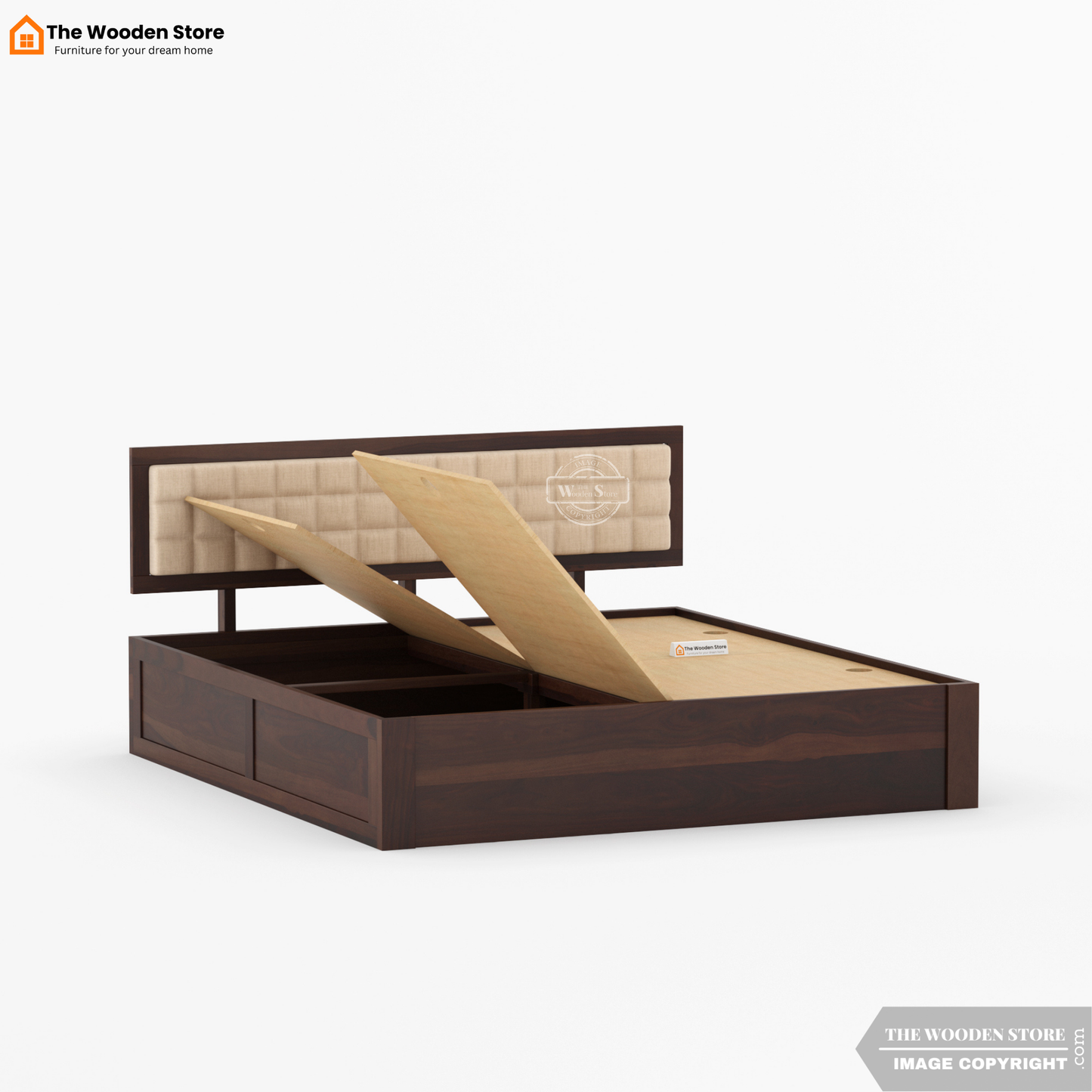 Halis Upholstered Bed With Box Storage (Queen Size, Walnut Finish)