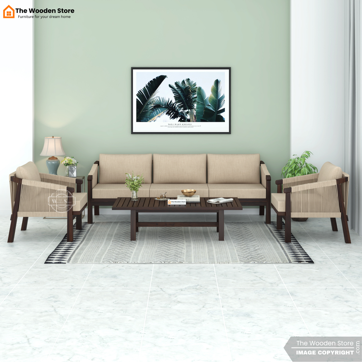 Harrill 3+1+1 Wooden Sofa Set (Walnut Finish)