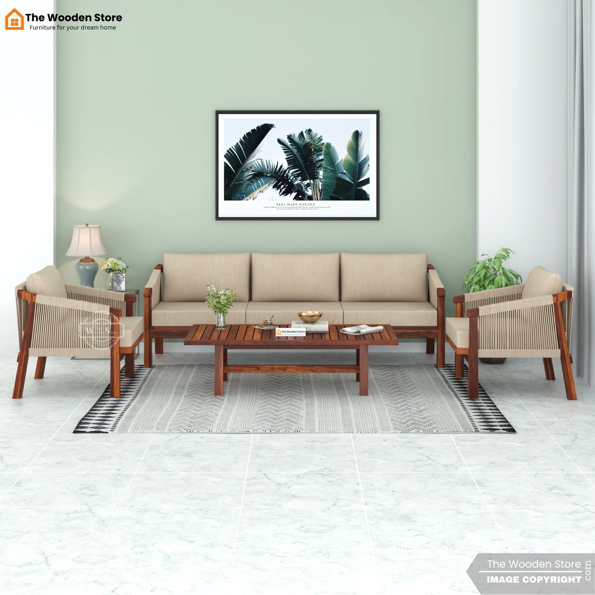 Harrill 3+1+1 Wooden Sofa Set (Honey Finish)