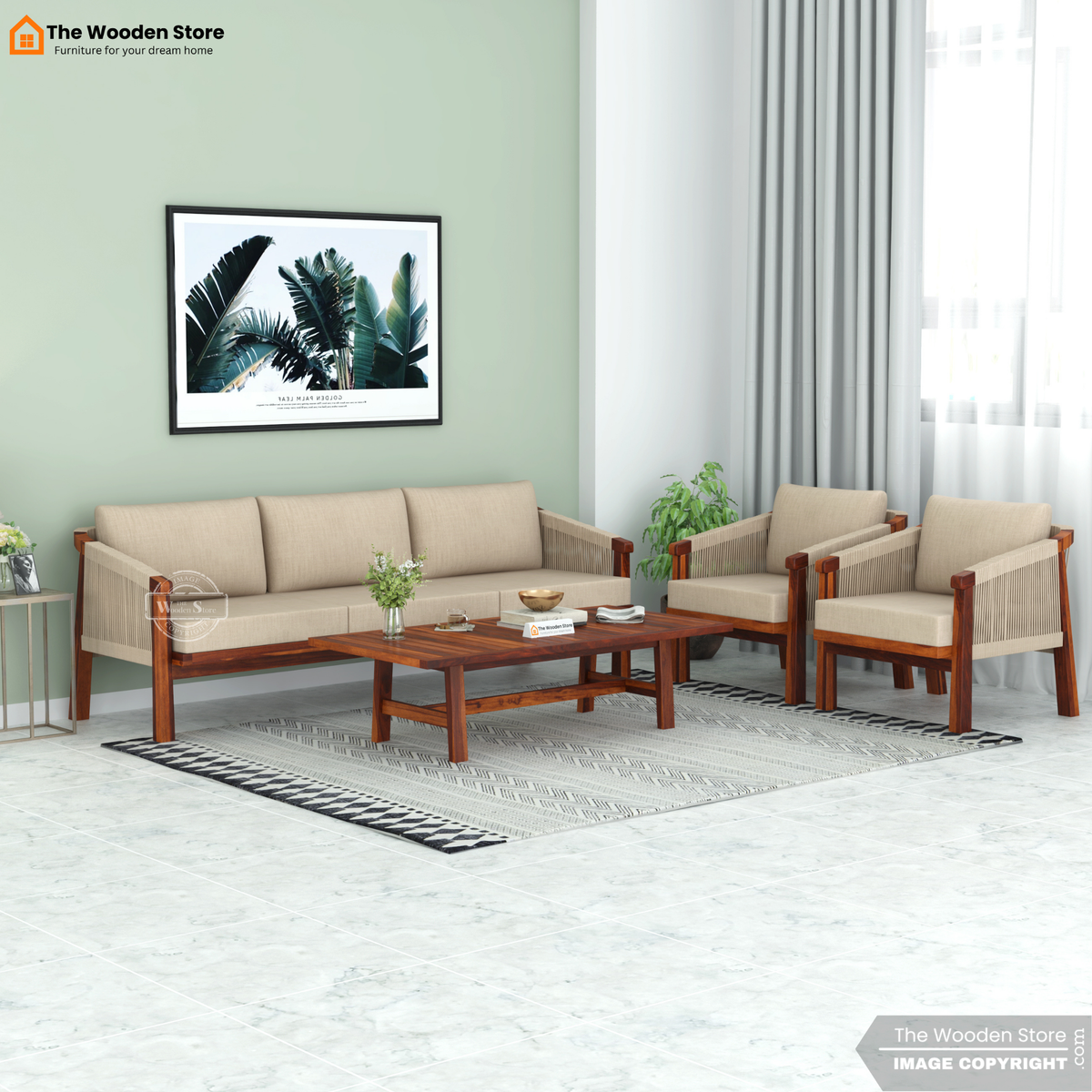 Harrill 3+1+1 Wooden Sofa Set (Honey Finish)