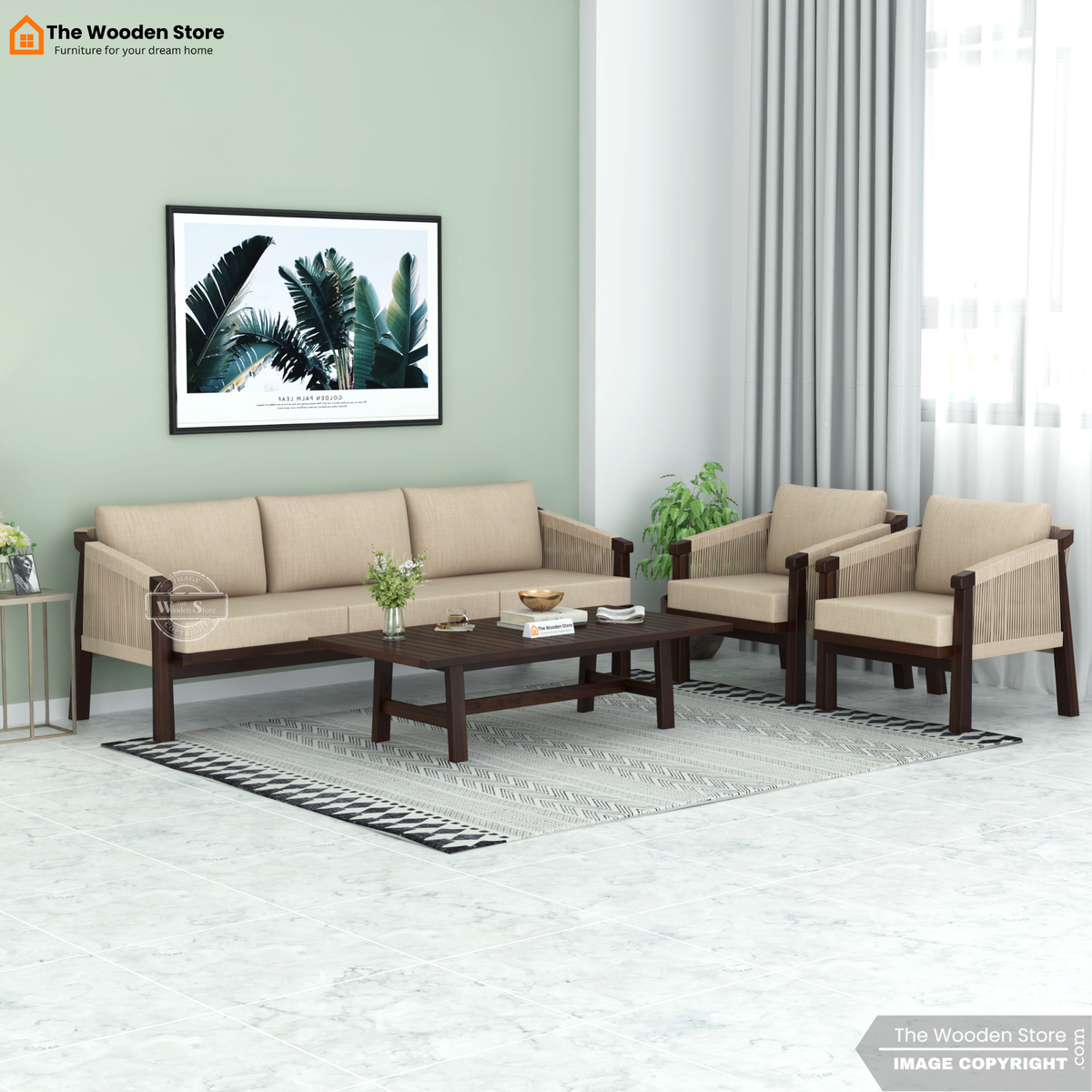 Harrill 3+1+1 Wooden Sofa Set (Walnut Finish)
