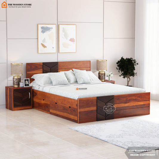Travie Bed with Drawer Storage (King Size, Honey Finish)