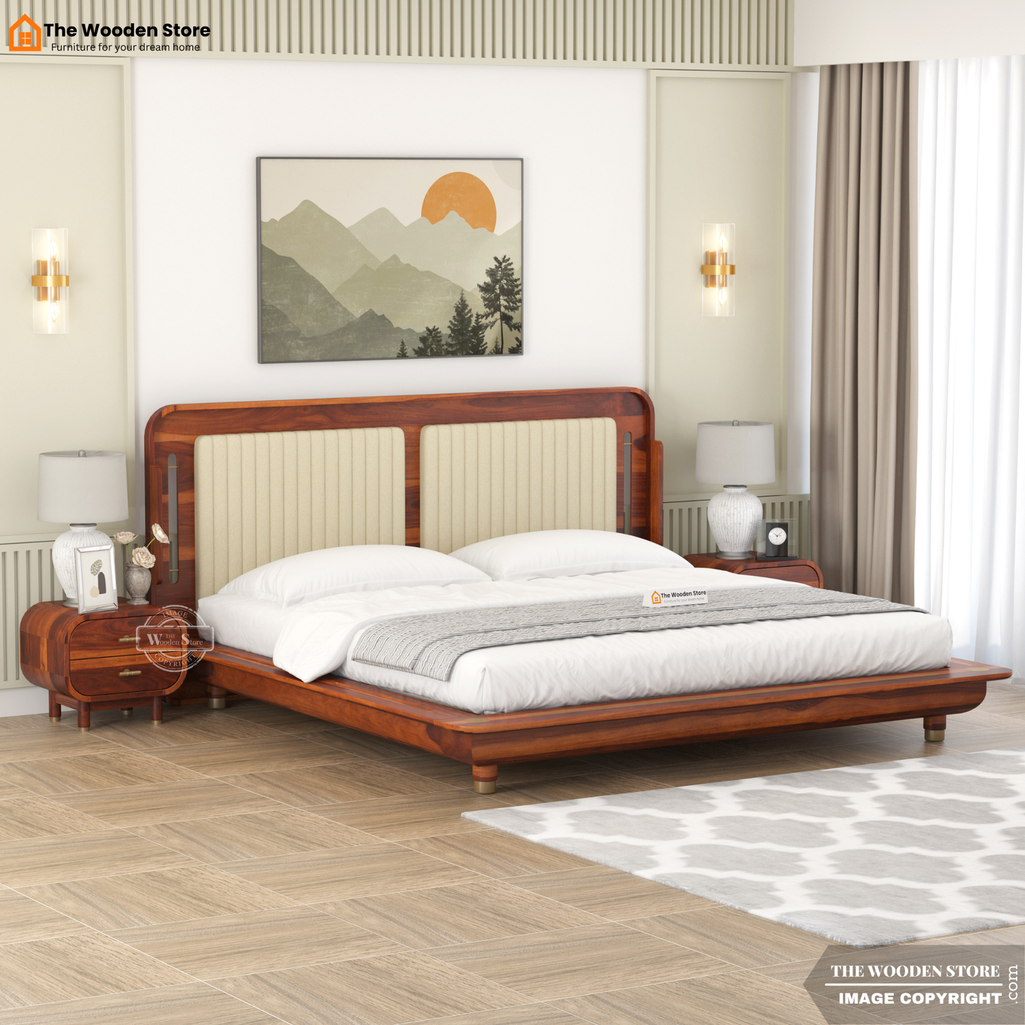 Liam Upholstered Platform Bed without Storage (King Size, Honey Finish)