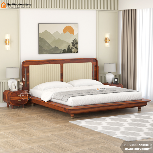 Liam Upholstered Platform Bed without Storage (King Size, Honey Finish)