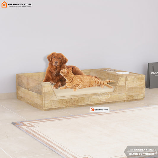 Edrin Wooden Pet Bed with Feeder (Natural Finish)