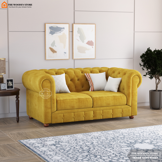 Ronin 2 Seater Chesterfield Fabric Sofa (Orange Gold)