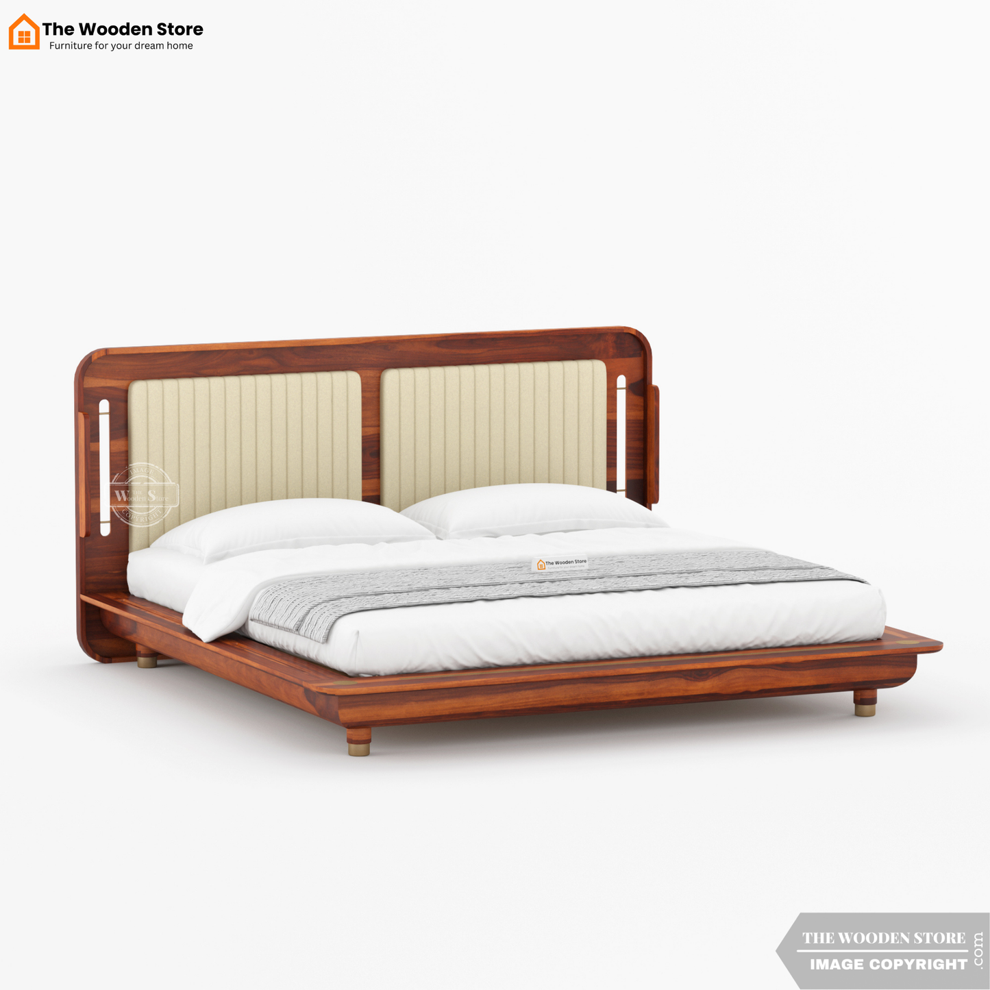 Liam Upholstered Platform Bed without Storage (King Size, Honey Finish)
