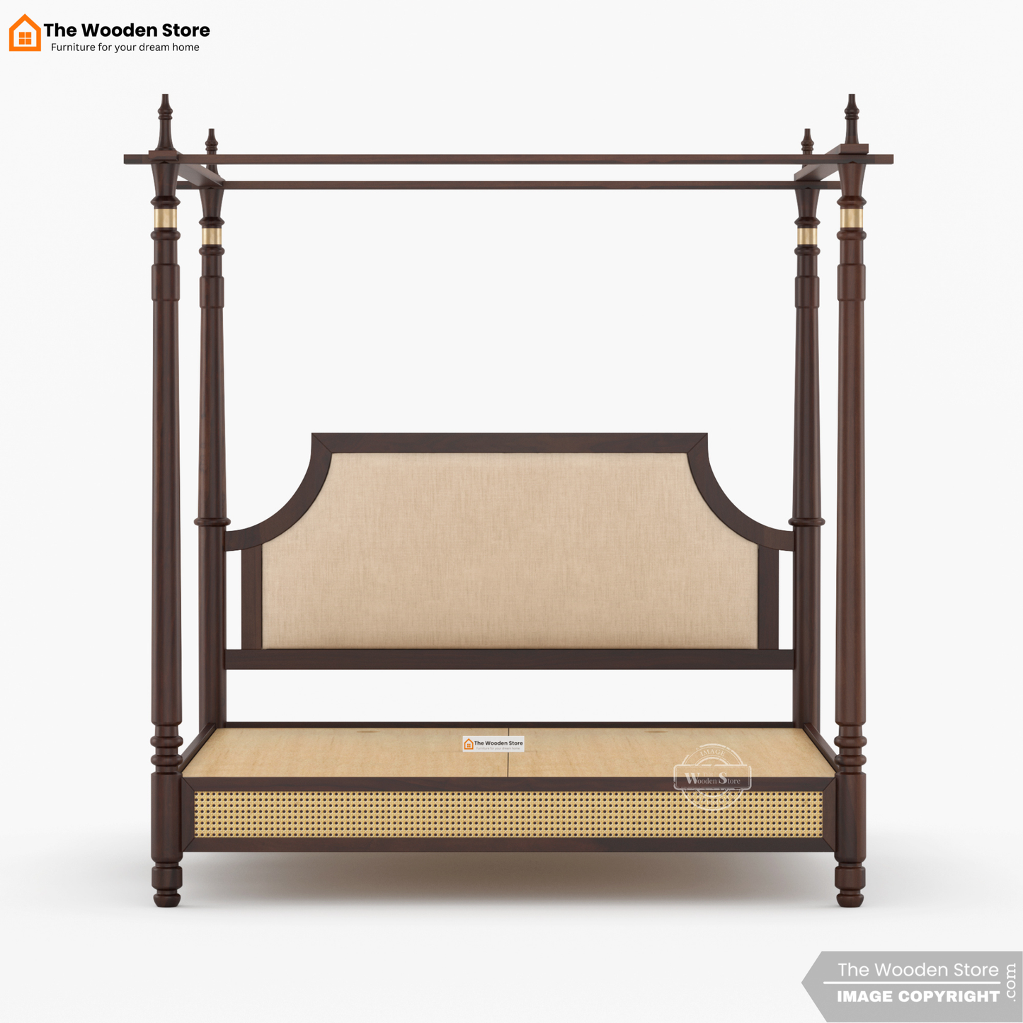 Canora Sheesham Wood and Cane Upholstered Poster Bed Without Storage  (King Size, Walnut Finish)
