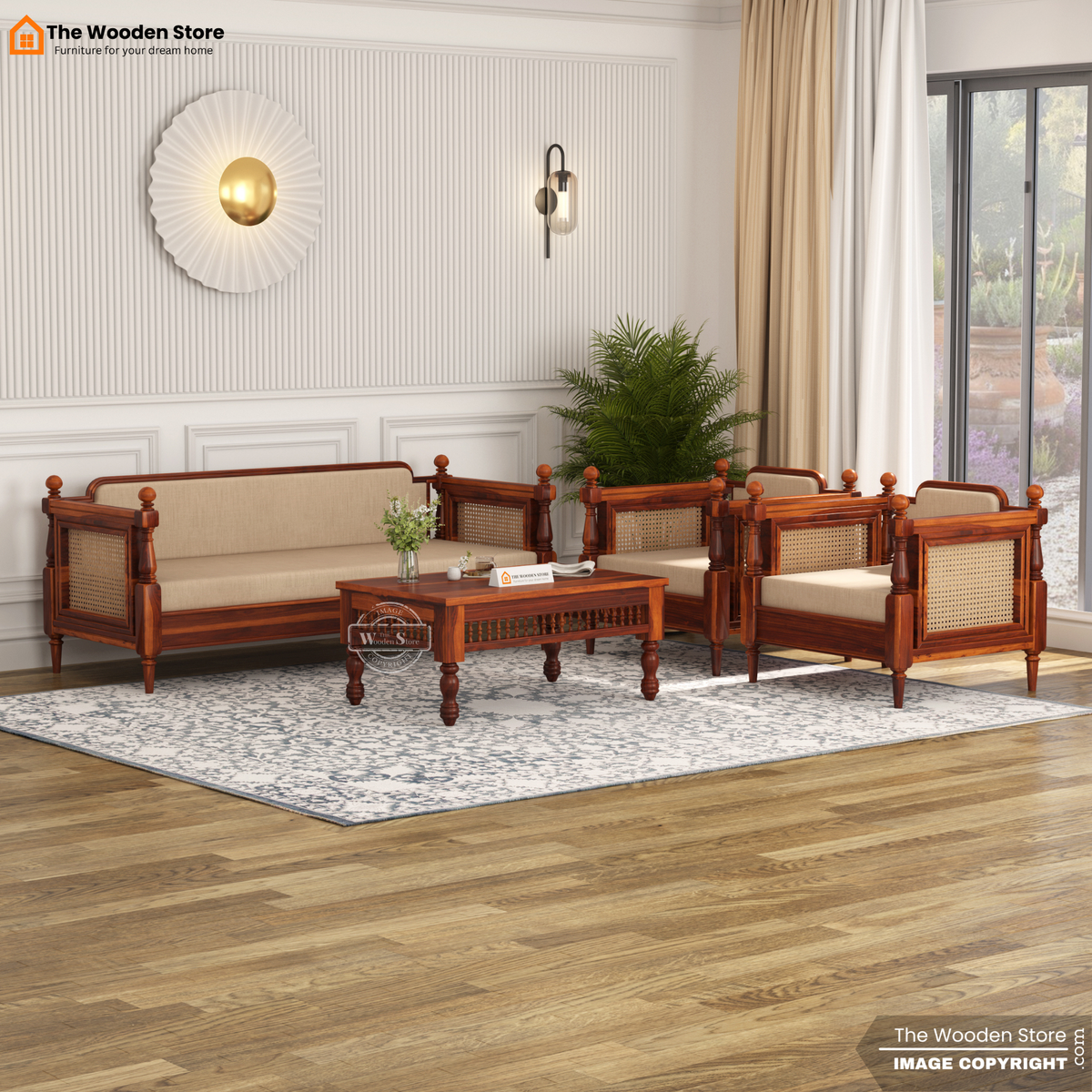 Ventura 3+1+1 Wooden Sofa Set (Honey Finish)