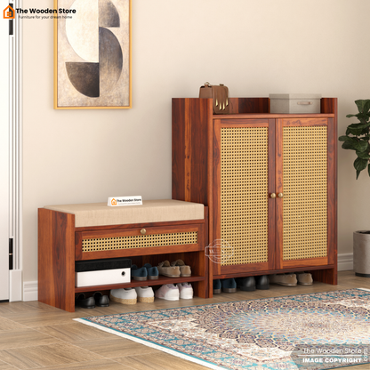Karbon Shoe Rack & Bench Set with Cane Detailing (Honey Finish)