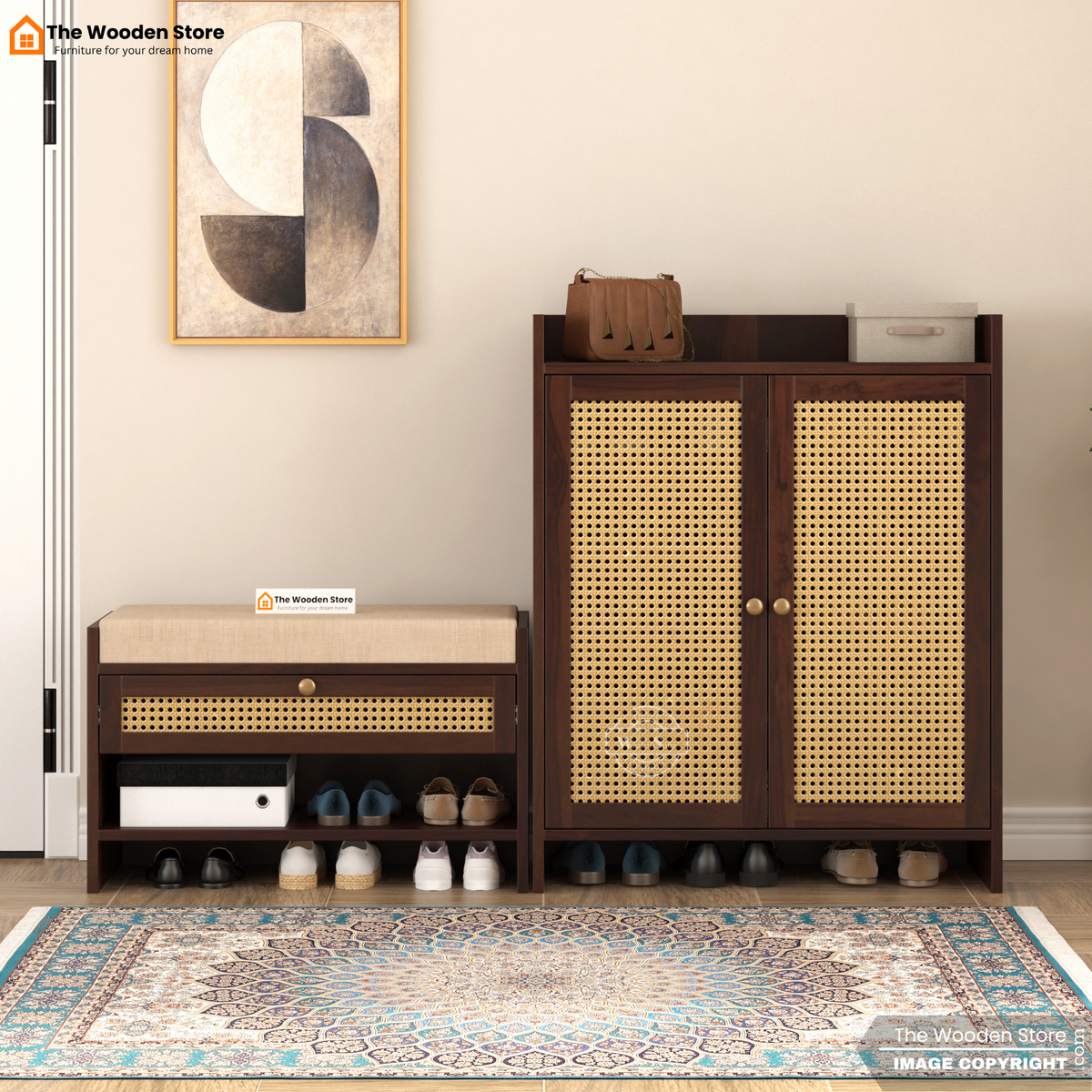 Karbon Shoe Rack & Bench Set with Cane Detailing (Walnut Finish)