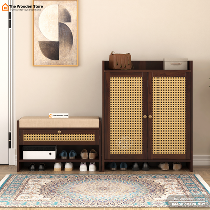 Karbon Shoe Rack & Bench Set with Cane Detailing (Walnut Finish)