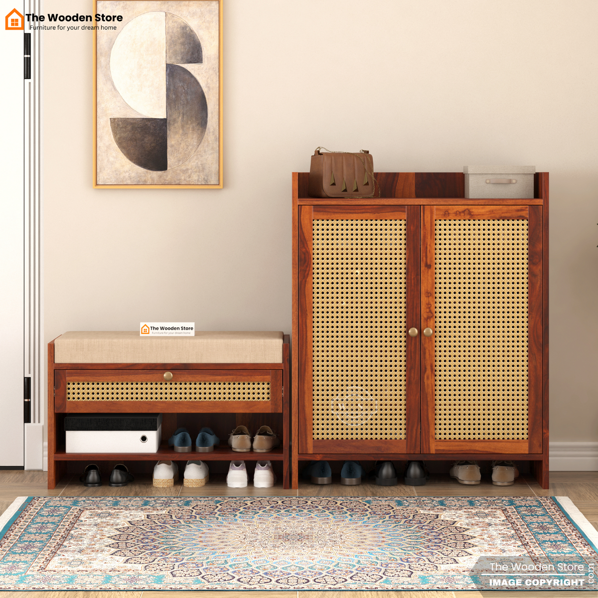 Karbon Shoe Rack & Bench Set with Cane Detailing (Honey Finish)