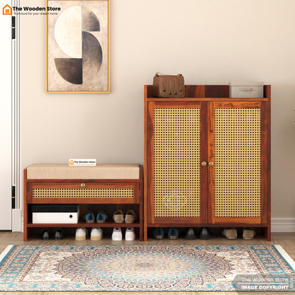 Karbon Shoe Rack & Bench Set with Cane Detailing (Honey Finish)