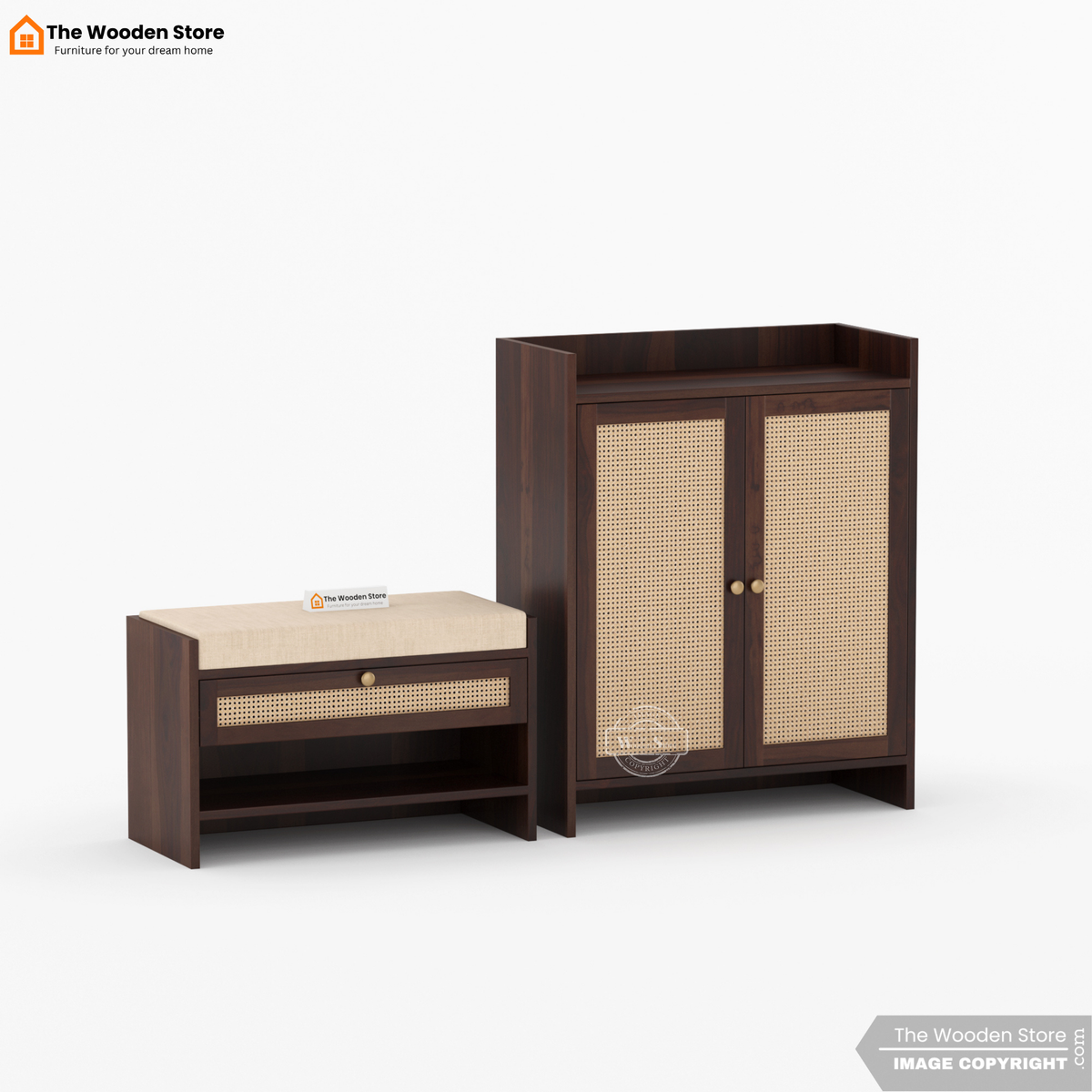 Karbon Shoe Rack & Bench Set with Cane Detailing (Walnut Finish)