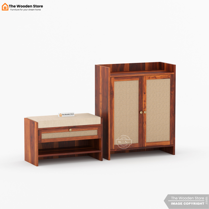 Karbon Shoe Rack & Bench Set with Cane Detailing (Honey Finish)