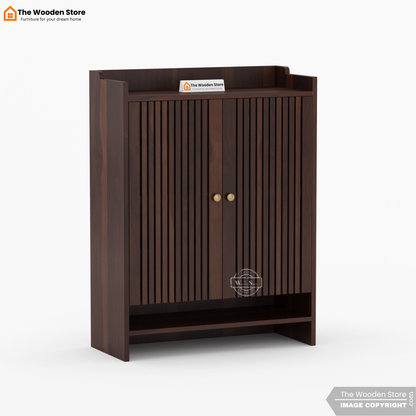 Besta Solid Wood Shoe Cabinet with Slatted Doors & Open Shelf (Walnut Finish)