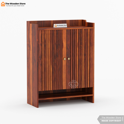 Besta Solid Wood Shoe Cabinet with Slatted Doors & Open Shelf (Honey Finish)