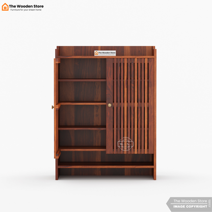 Besta Solid Wood Shoe Cabinet with Slatted Doors & Open Shelf (Honey Finish)