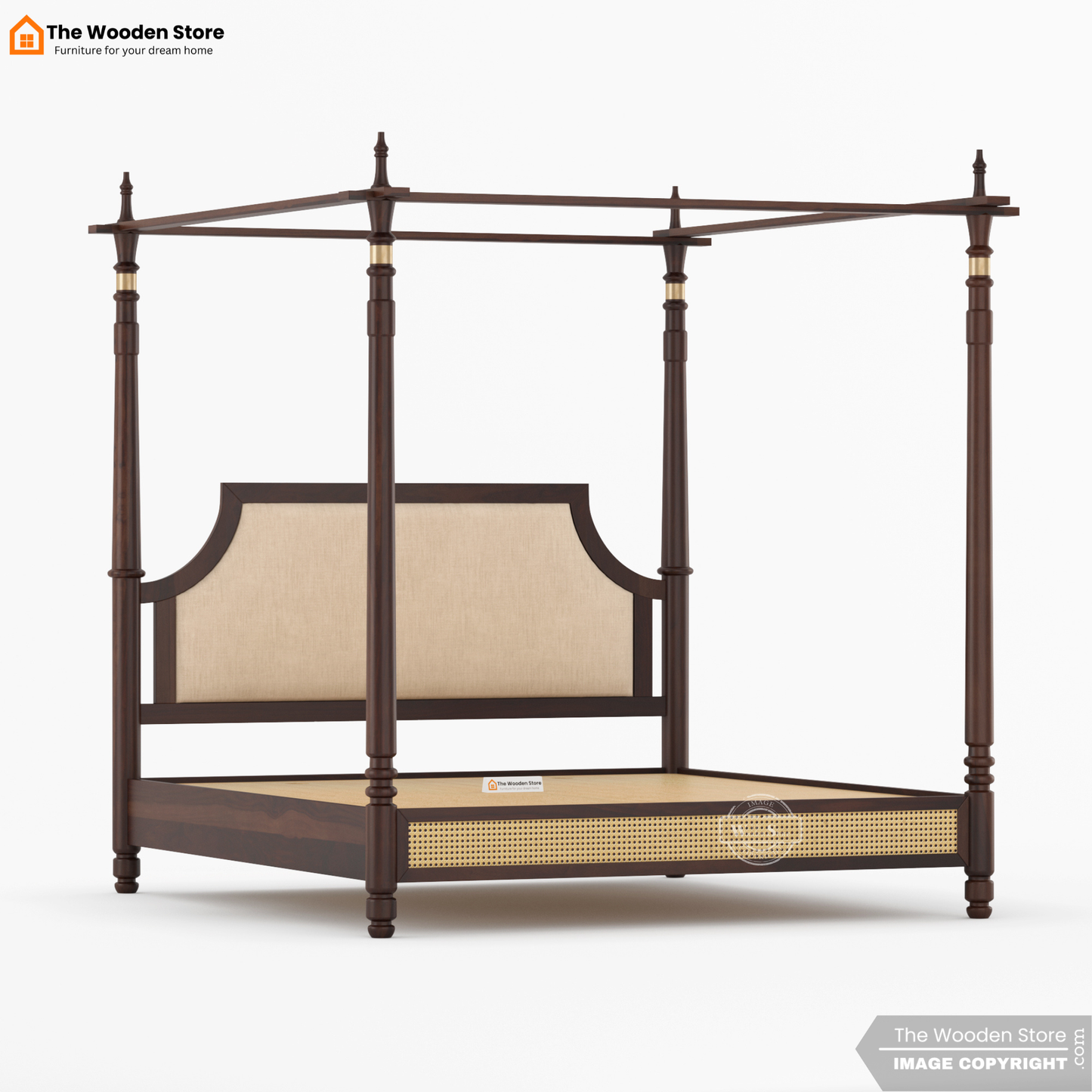 Canora Sheesham Wood and Cane Upholstered Poster Bed Without Storage  (King Size, Walnut Finish)