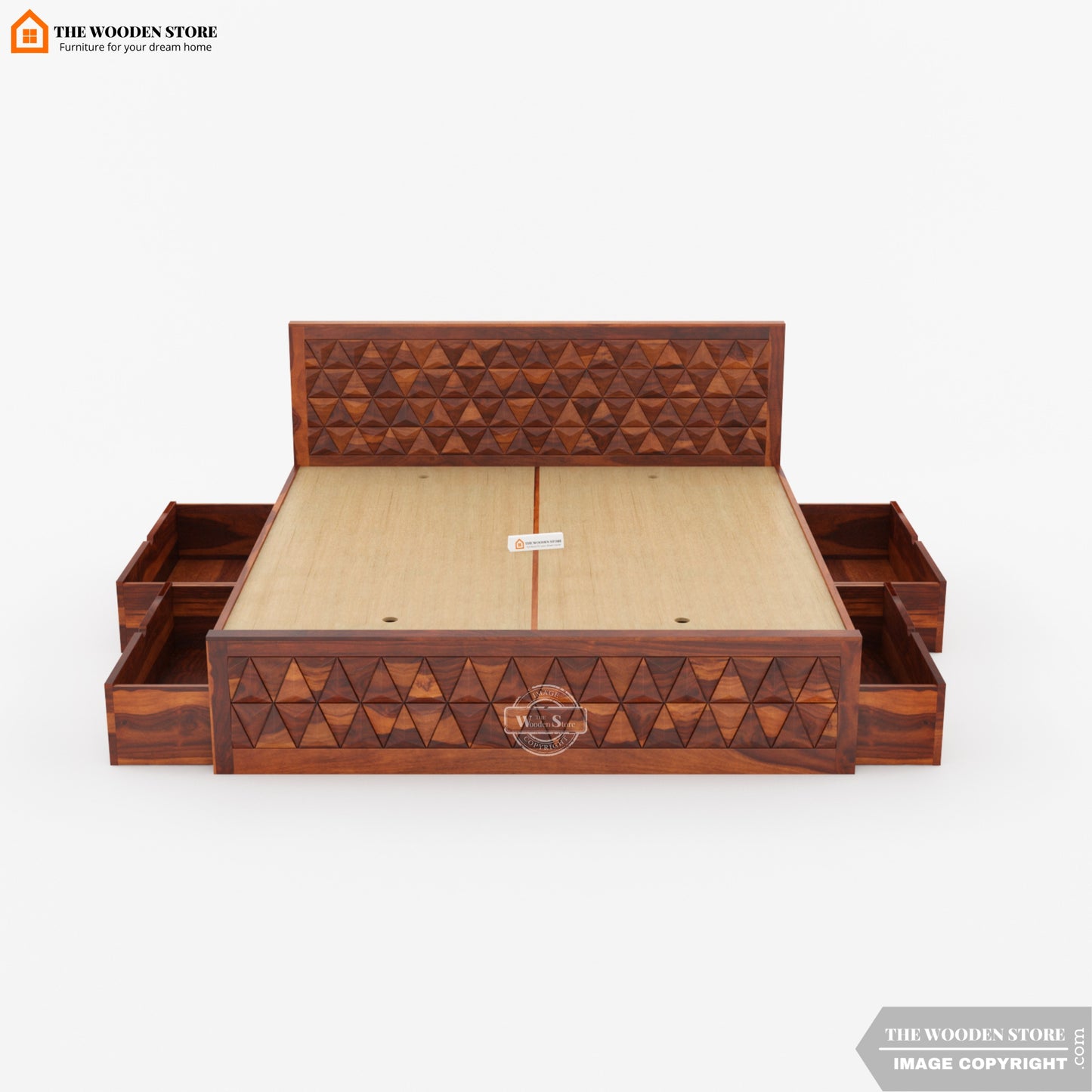Trihex Bed with Drawer Storage (King Size, Honey Finish)