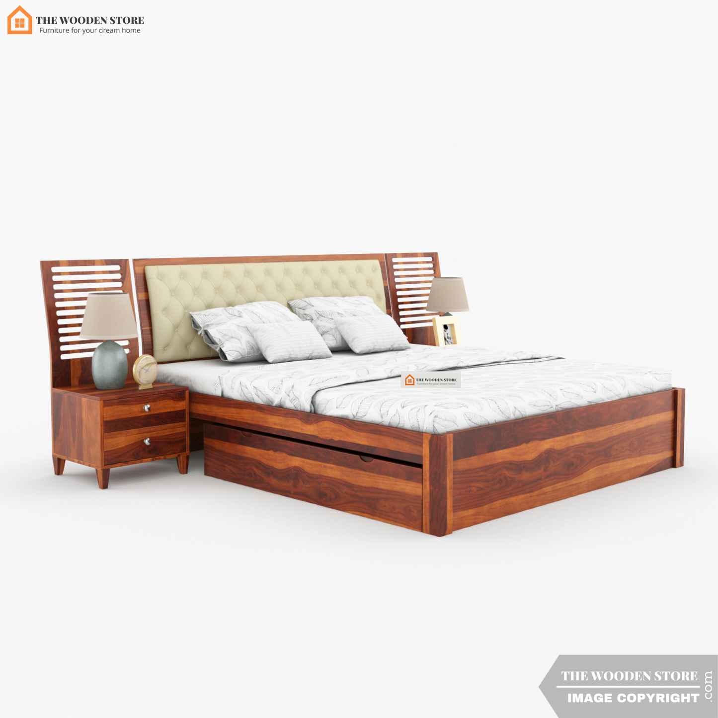 Prince Drawer Storage Bed With Bedside (King Size, Honey Finish)