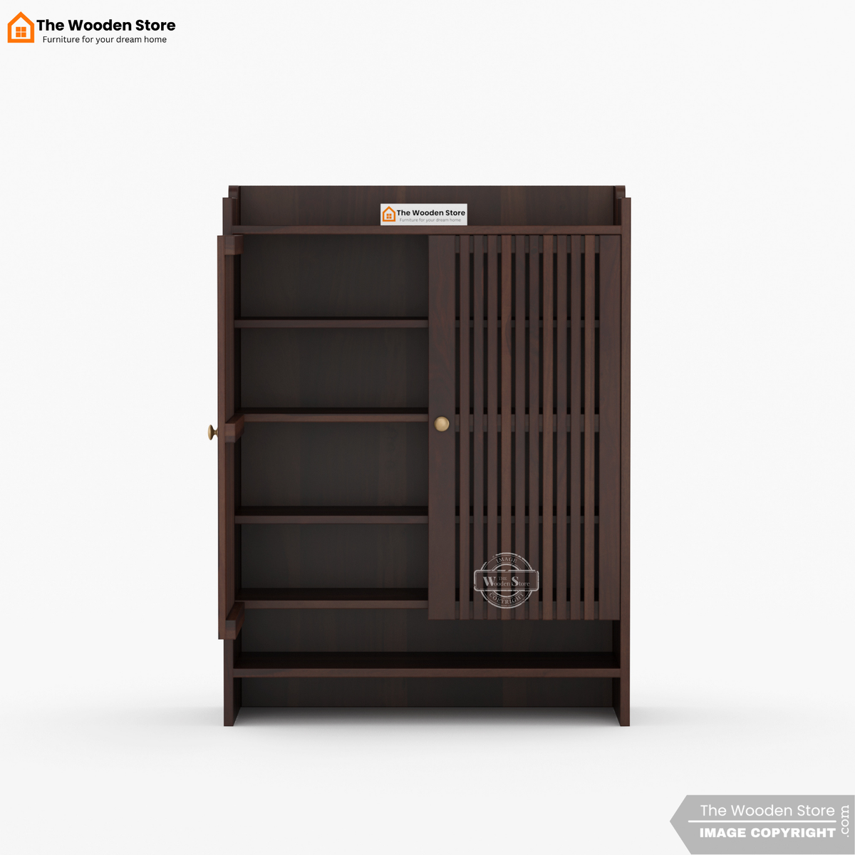 Besta Solid Wood Shoe Cabinet with Slatted Doors & Open Shelf (Walnut Finish)
