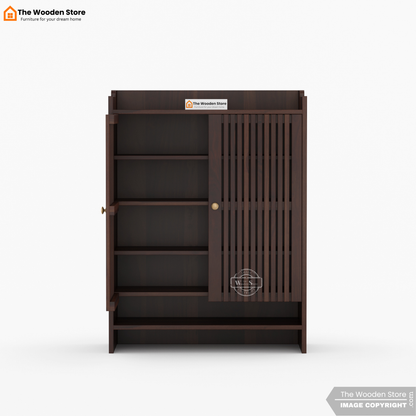 Besta Solid Wood Shoe Cabinet with Slatted Doors & Open Shelf (Walnut Finish)