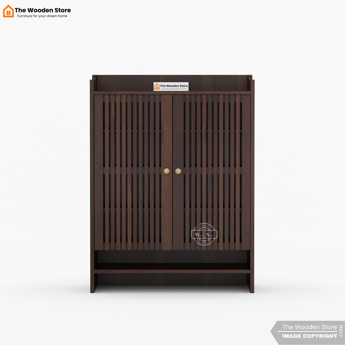 Besta Solid Wood Shoe Cabinet with Slatted Doors & Open Shelf (Walnut Finish)
