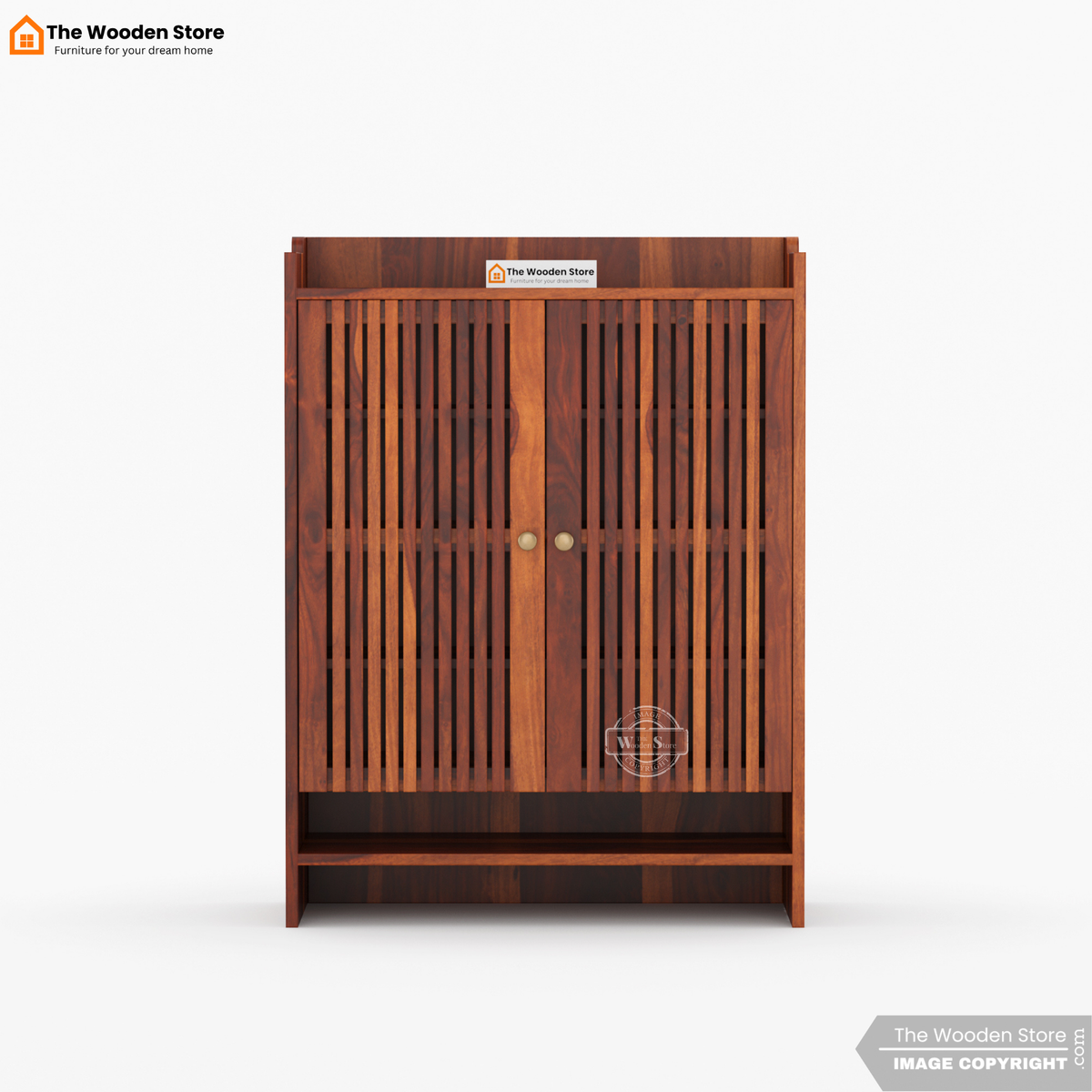 Besta Solid Wood Shoe Cabinet with Slatted Doors & Open Shelf (Honey Finish)