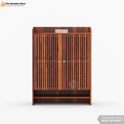 Besta Solid Wood Shoe Cabinet with Slatted Doors & Open Shelf (Honey Finish)