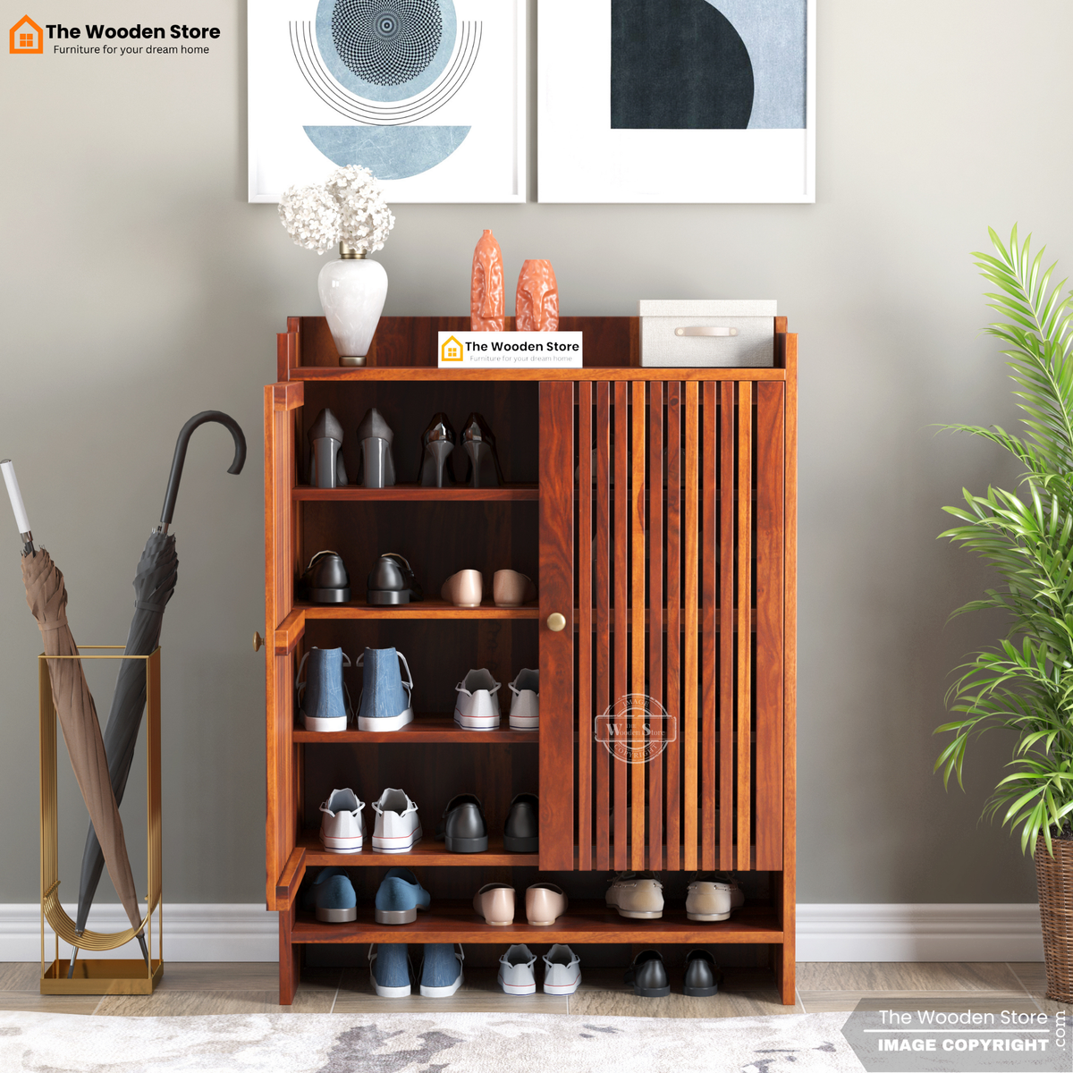 Besta Solid Wood Shoe Cabinet with Slatted Doors & Open Shelf (Honey Finish)