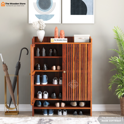 Besta Solid Wood Shoe Cabinet with Slatted Doors & Open Shelf (Honey Finish)
