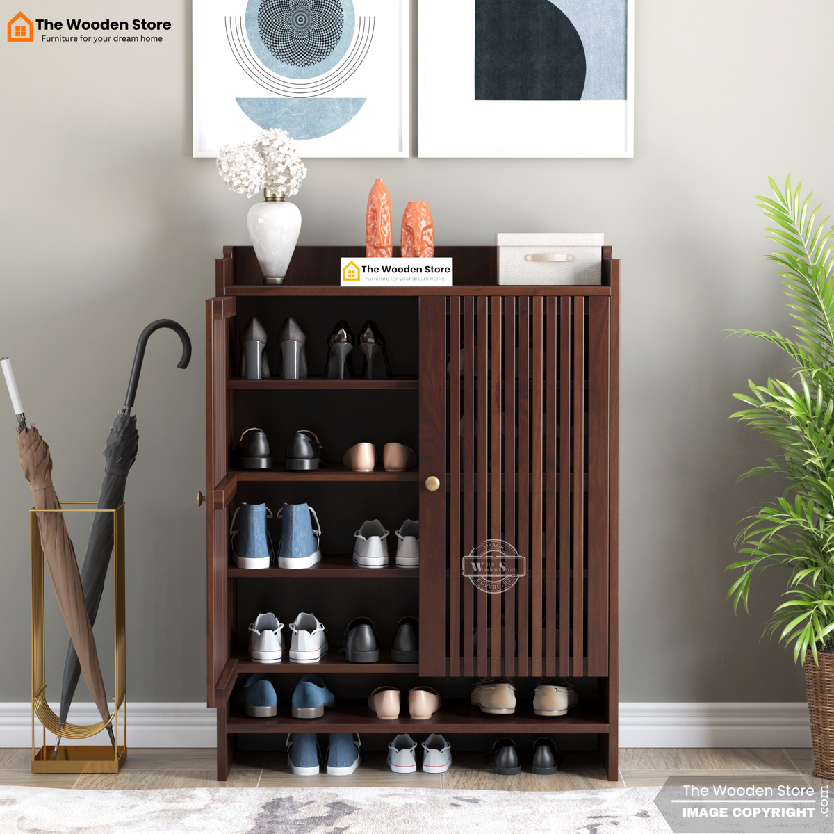 Besta Solid Wood Shoe Cabinet with Slatted Doors & Open Shelf (Walnut Finish)