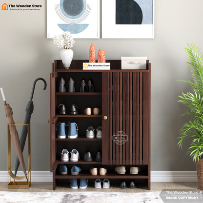 Besta Solid Wood Shoe Cabinet with Slatted Doors & Open Shelf (Walnut Finish)