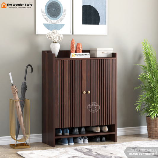 Besta Solid Wood Shoe Cabinet with Slatted Doors & Open Shelf (Walnut Finish)