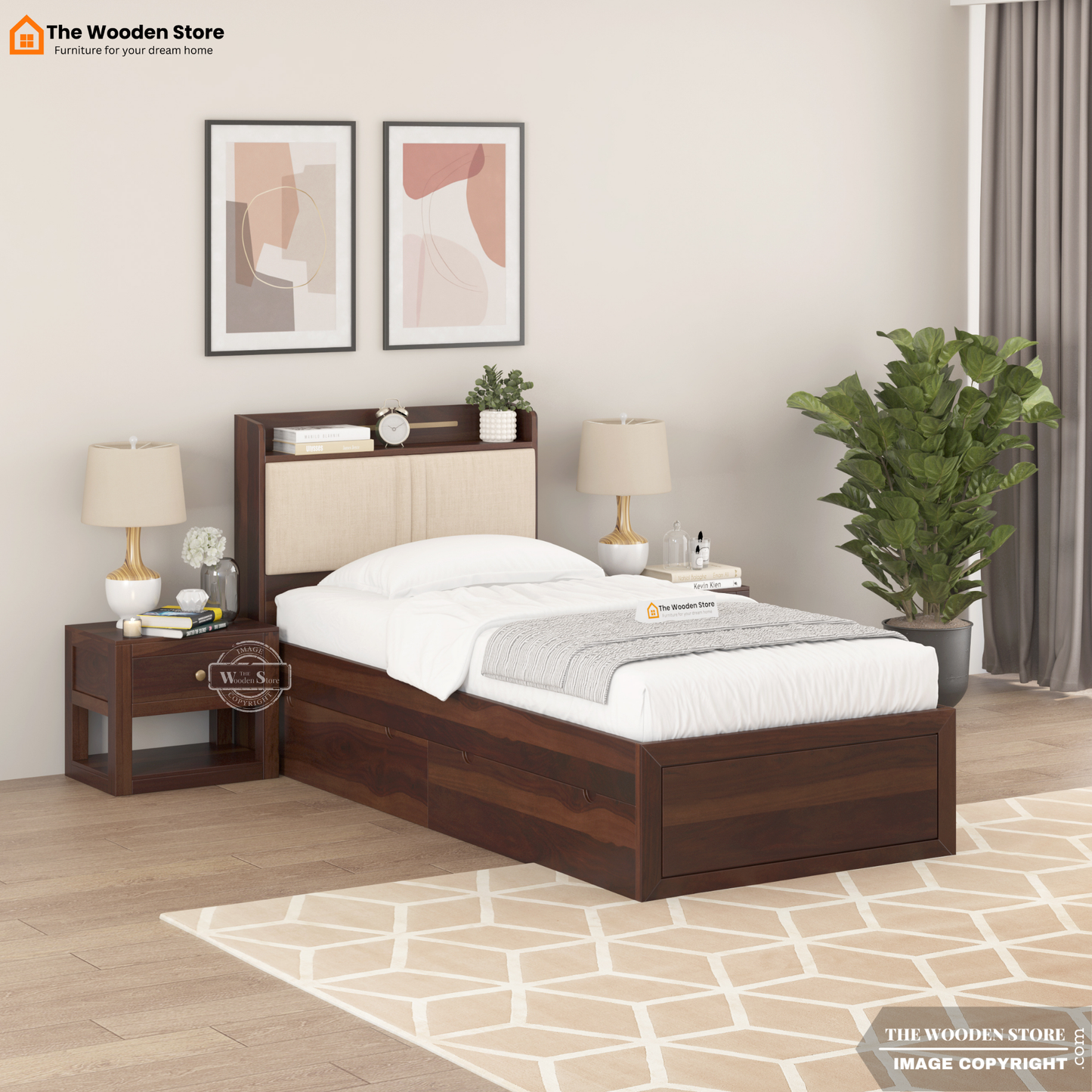 Jensen Upholstered Single Bed With Storage (Walnut Finish)