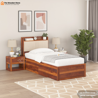 Jensen Upholstered Single Bed With Storage (Honey Finish)