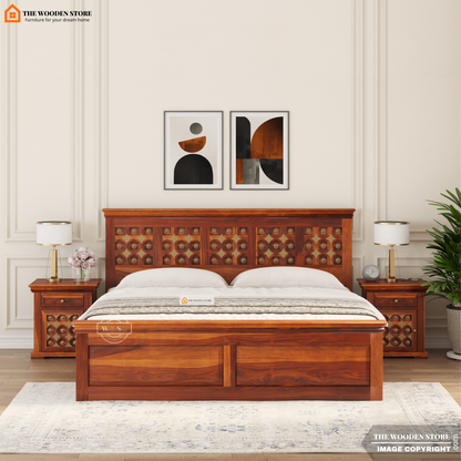 Indi Brass Bed with Drawer Storage (Queen Size, Honey Finish)