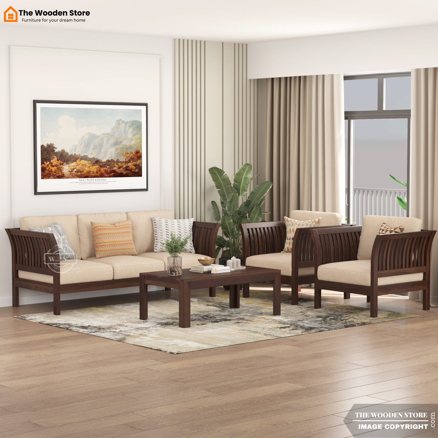 Cristen 3+1+1 Wooden Sofa Set (Walnut Finish)